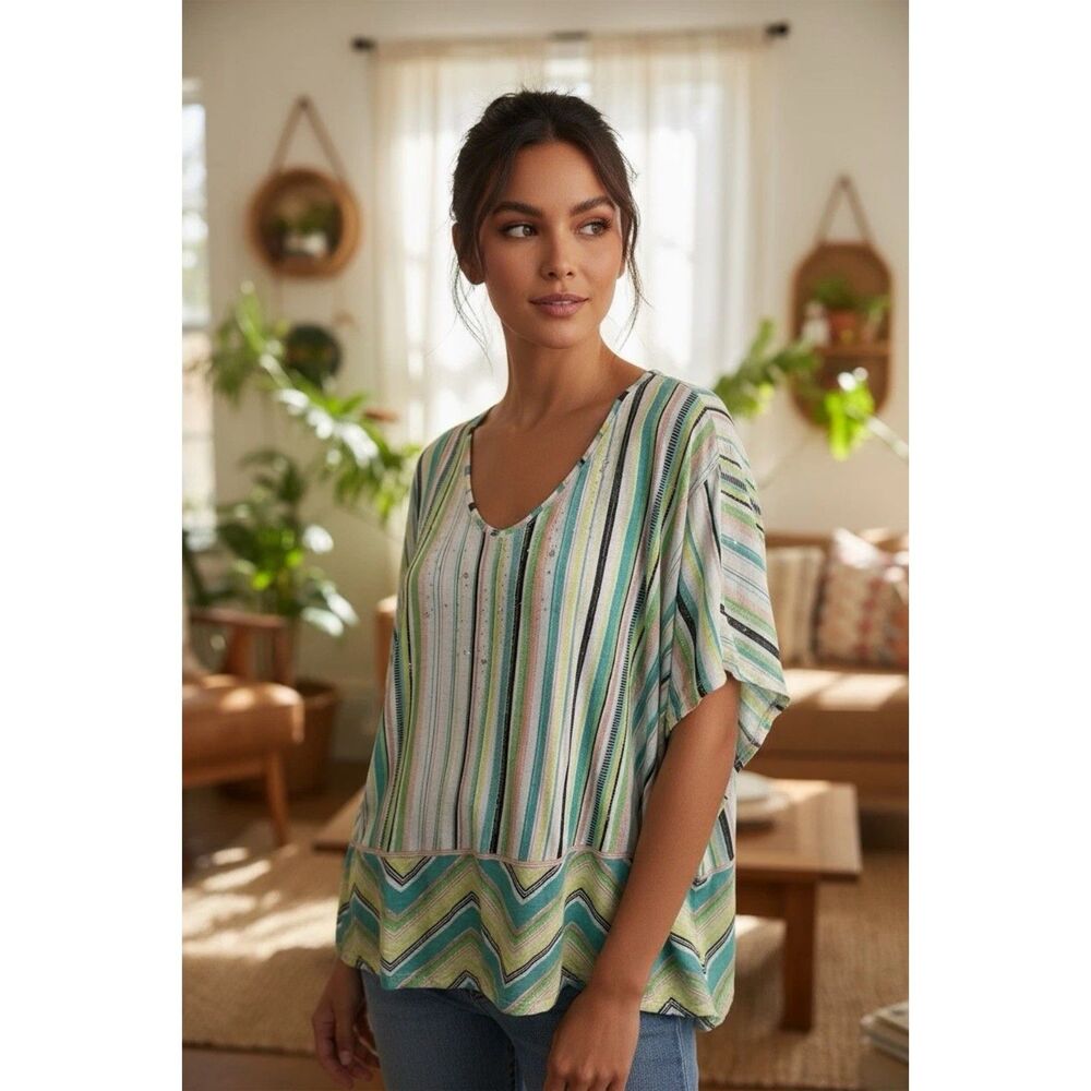 Onque Casual Embellished Short Sleeve Striped Multi-Color Blouse Stretch Top 3X